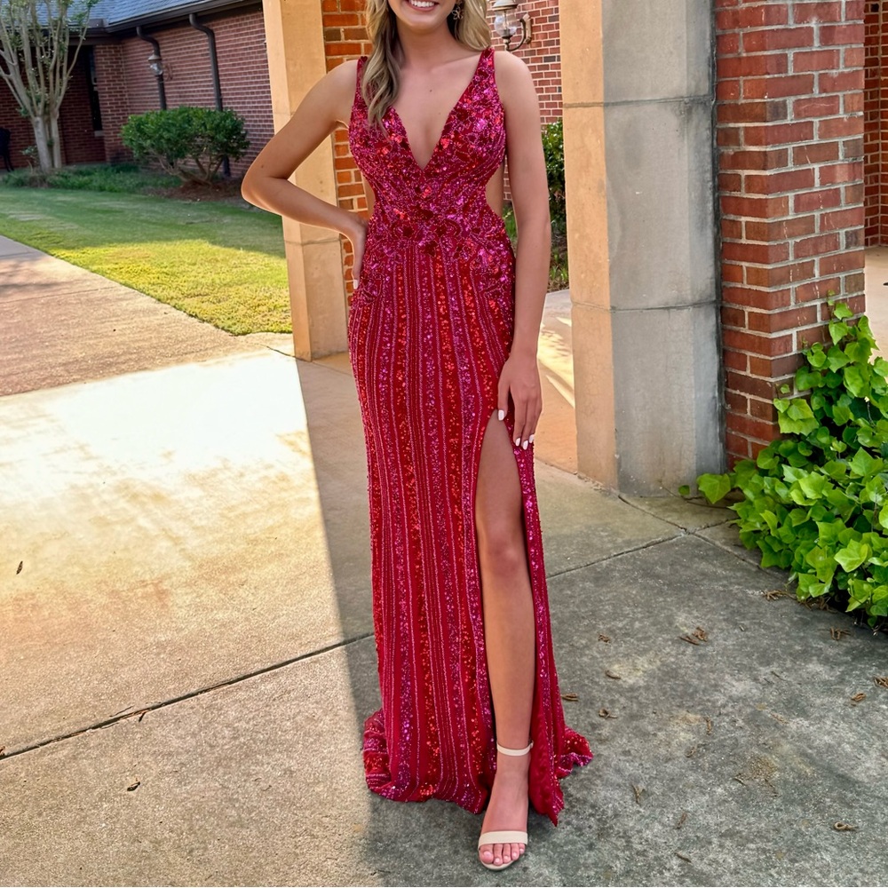 Sherri Hill Red/Fuchsia Sequin Prom Dress